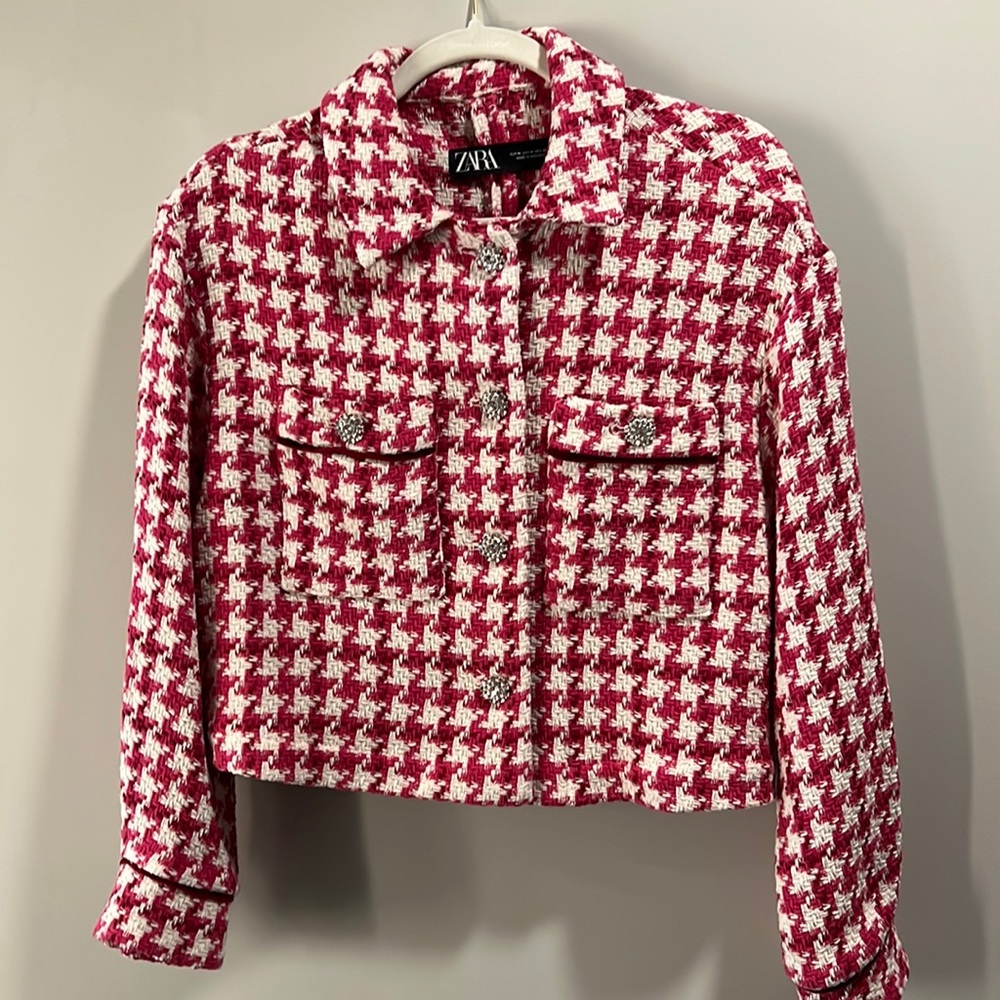Zara Jeweled Button Texture Houndstooth Blazer